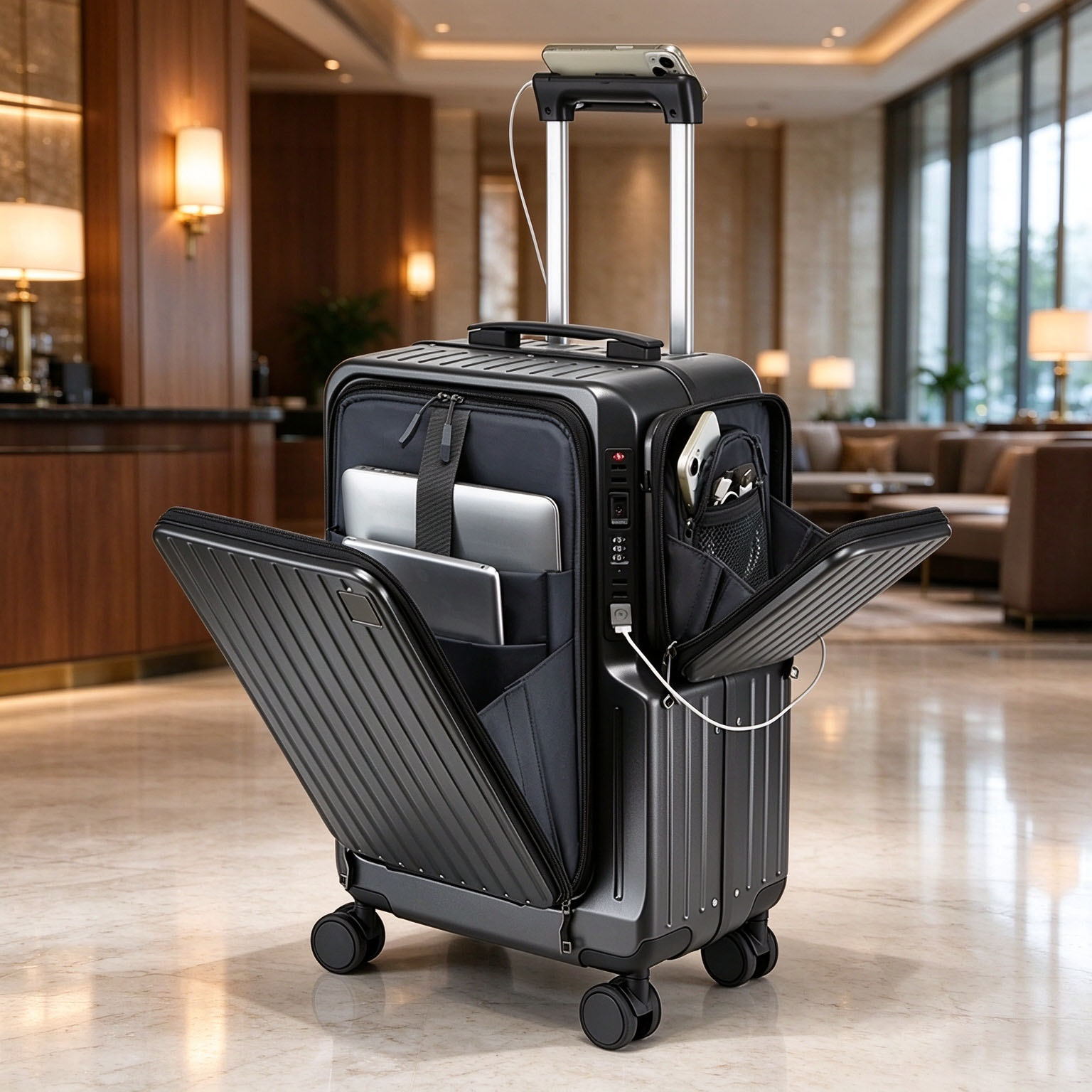 Spinner Wheel Rolling Suitcase 20 Inch - Front Opening Carry On Luggage, Multifunctional